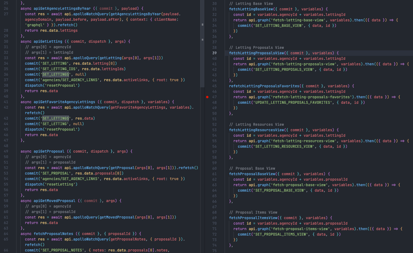 Side by side comparison of code for fetching data. The code on the left is wildly different from one function to another, with ambiguous names and complicated data manipulation.