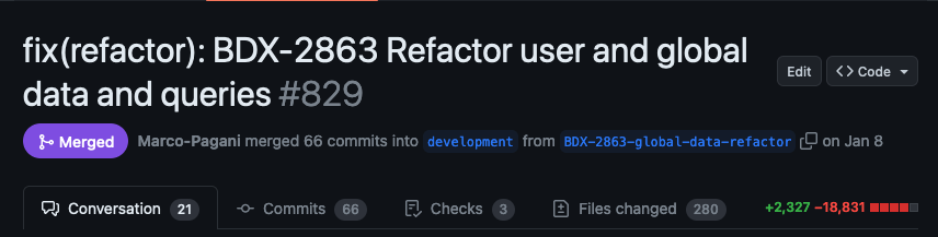 Pull request on github showing thousands of lines changed, hundreds of files modified, and tens of comments