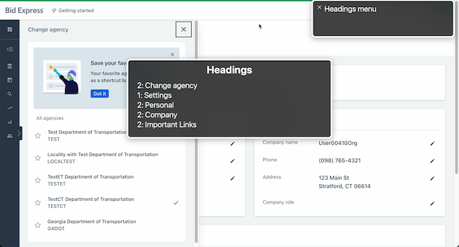 Bidx account settings view with the agency picker slideout overlaid on top. It has the header “Change agency”. The screen reader headings menu is centered with the text “2. Change agency, 1. Settings, 2. Personal, 2. Company, 2. Important Links”