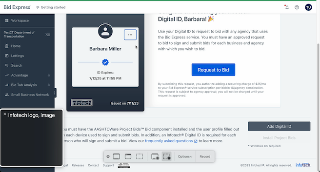 Bidx bidding view with an active digital ID and a button “Request to bid”. It also has a blue checkmark icon separating two sections of information and an Infotech logo in the bottom left. The screen reader output reads “Infotech logo, image”