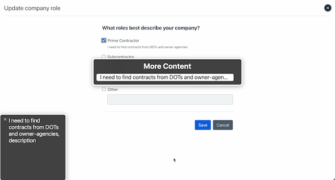 Bidx update company overlay view with overlaid screen reader “More Content” menu reading “I need to find contracts and owner-agencies, description”. The “Prime Contractor” checkbox is checked and focused, and the description below it is identical to the one within the “More Content” menu