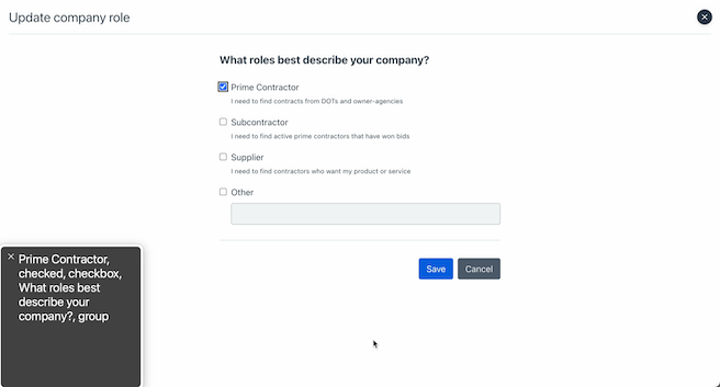 Bidx update company overlay view with title “Update company role” and bold question “What roles best describe your company?” with a list of checkboxes below. The first checkbox, “Prime Contractor”, is checked and focused