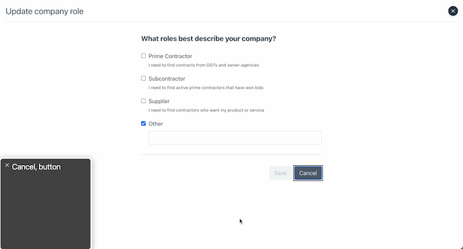 Bidx update company overlay view with overlaid screen reader output reading “Cancel, button”. The “cancel” button of the form is grayed out