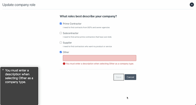 Bidx update company overlay view with overlaid screen reader output reading “You must enter a description when selecting Other as a company type”. The same text is in red with an exclamation point icon at the bottom of the form