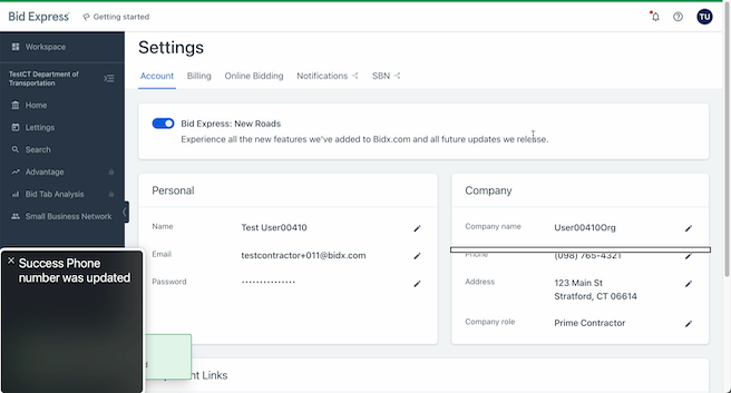 Bidx account settings view with overlaid screen reader output reading “Success Phone Number was updated”. A green toast is just visible from behind the screen reader output