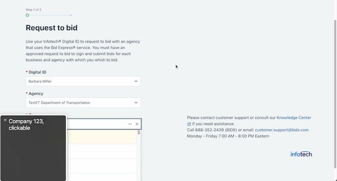 Bidx add bid request view with a screen reader output reading “Company 123, clickable”. Hidden behind the input is a highlighted box of a dropdown coming from a recently-loaded input