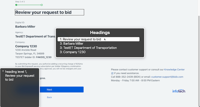 Bidx add bid request confirmation view with a screen reader headings menu reading “1. Review your reques to bid, 3. Barbara Miller, 3. TestET Department of Transportation, 3. Company 1230”