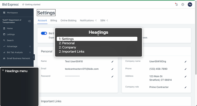 Bidx account settings view with screen reader headings menu overlaid on top, reading “1. Settings, 2. Personal, 2. Company, 2. Important Links”