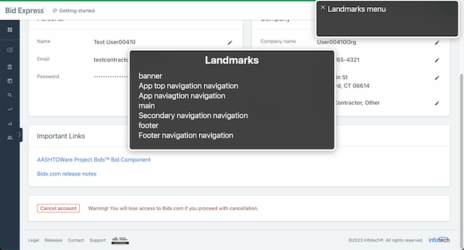 Bidx account settings view with screen reader landmarks menu overlaid on top, reading “banner, app top navigation navigation, app naviagtion navigation, main, secondary navigation navigation, footer, footer navigation navigation”