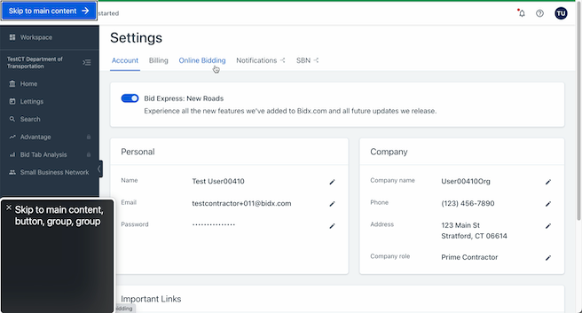 Bidx account settings view with screen reader output reading “Skip to main content, button, group, group” and a focused button in the top left reading “Skip to main content”